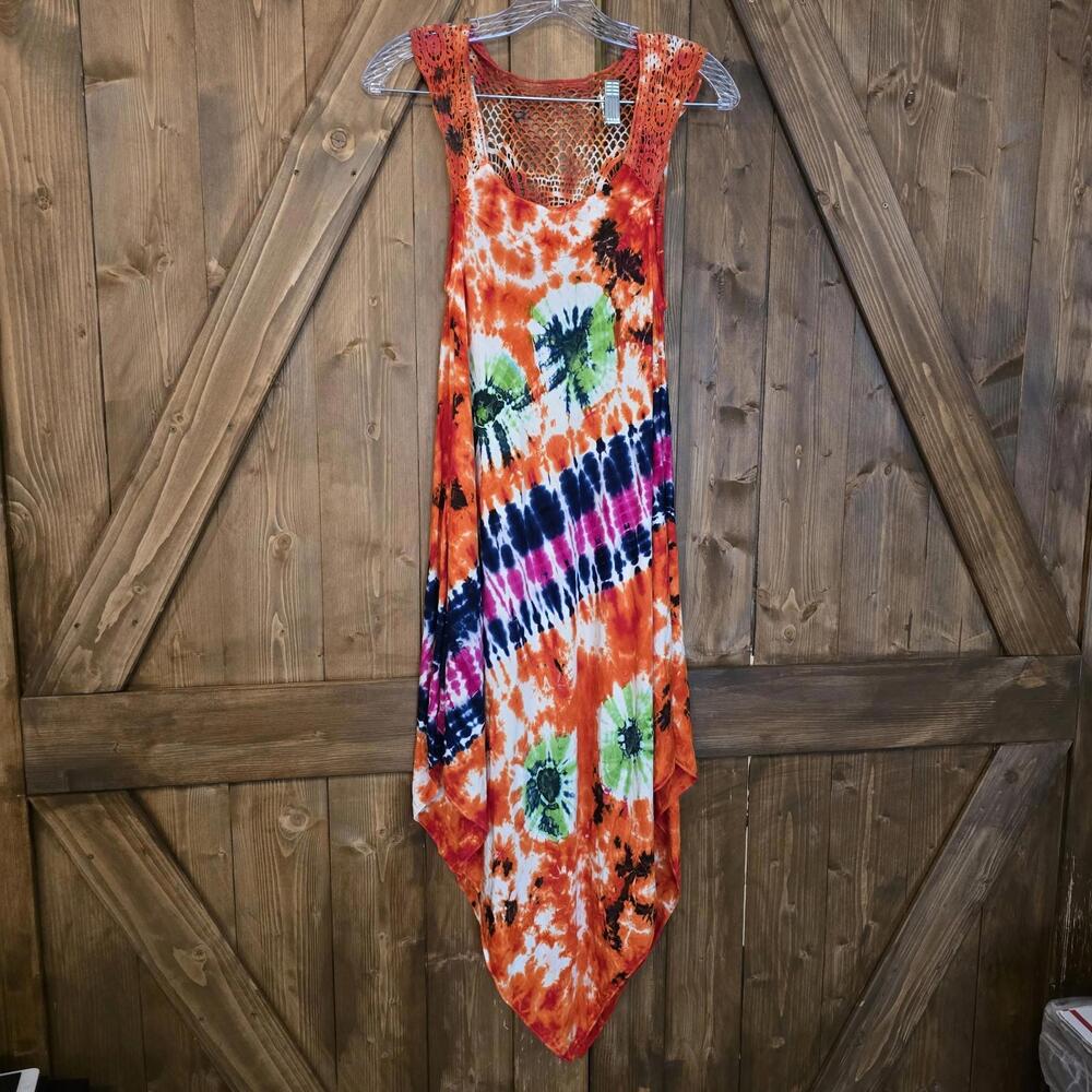 India Boutique Dress Free Size Colorful Tie Dye Embroidered 70s Hippie Flowy